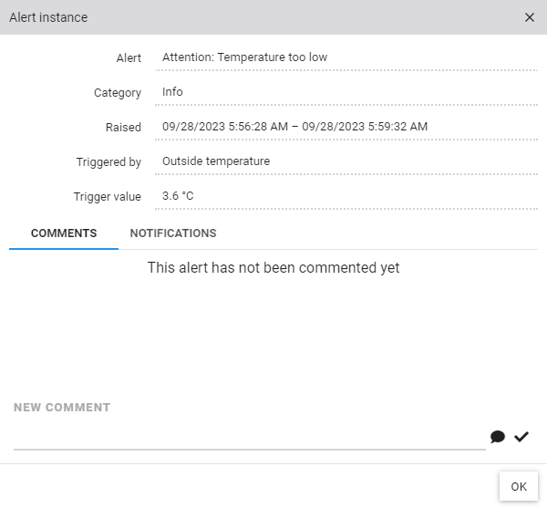 Dialog for detailed view of an alert instance with alert information, comments and list of alert notifications