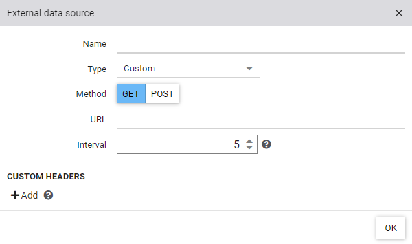 Configuration of a custom external data source with selected GET method and input of the URL, as well as the query interval.