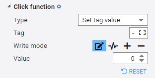 Configuration of the click function of a vizual with 'Set tag value' selected