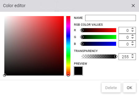 Dialog for creating or editing an individual project color. Presetting the RGB color value and the transparency value
