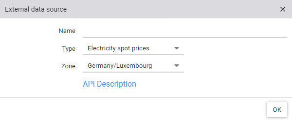 Configuration of an external data source for fetching the electricity spot prices with selection of the zone Germany/Luxembourg
