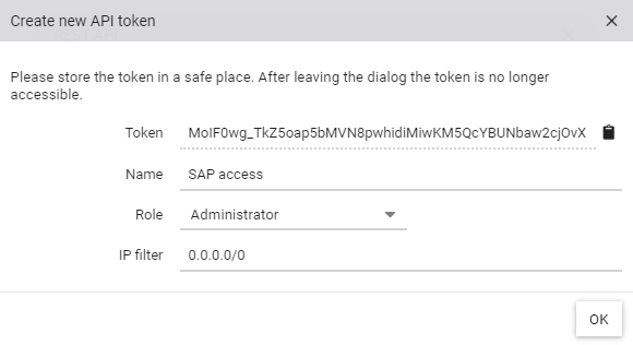 Dialog for creating an API token with selection of the role and an IP filter