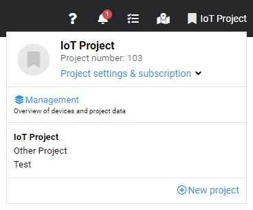 Project chooser as it appears by clicking on the project name in the header. Access to management, project settings and subscription, as well as possibility to change the project.