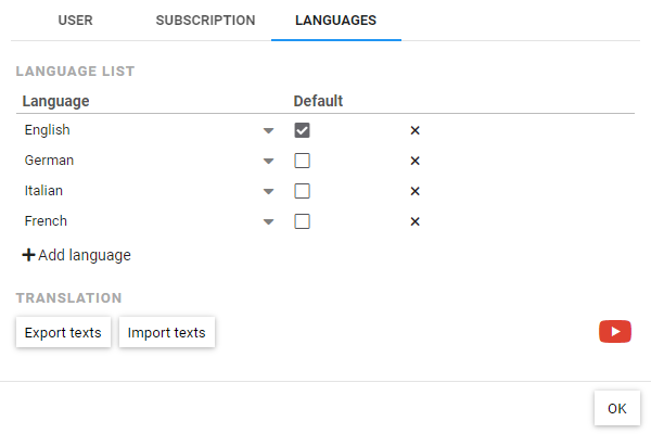 Configuration of different languages in the settings of a project with selection of the default language, as well as the possibility to export and import texts