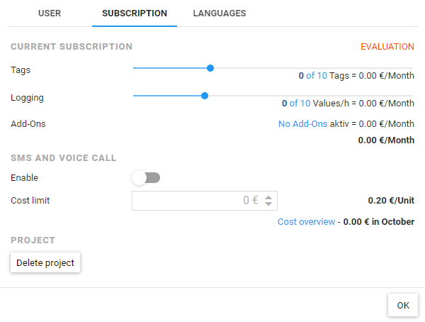 Configuration of tag and recording subscription, as well as cost limit for SMS and voice calls. Option to delete the project.