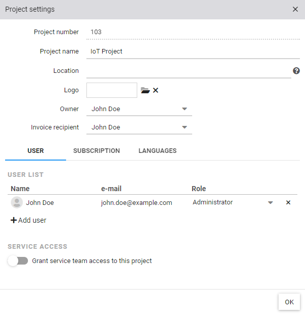 Project Settings dialog with project number, project name, location, logo, owner and invoice recipient. Users tab to manage the project users, as well as to enable the service user access.