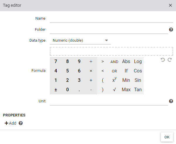Tag editor to configure a calculated tag by entering a formula