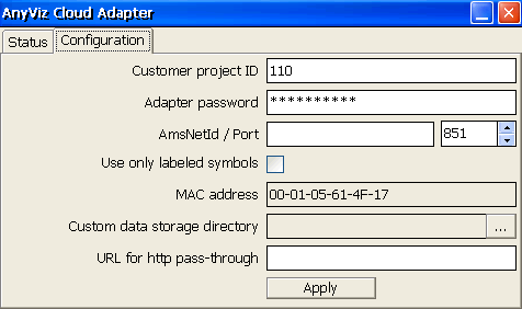 Configuration of the AnyViz Cloud Adapter Supplement for Beckhoff to connect an ADS controller to AnyViz.