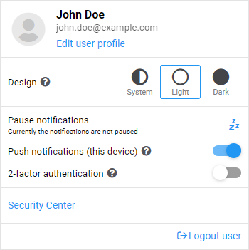 Display of basic user information and settings