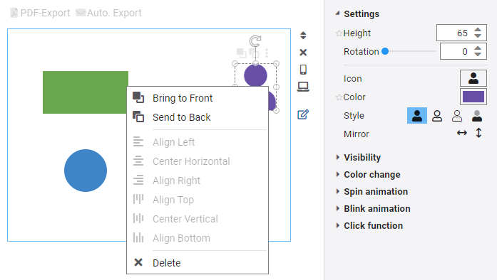 View editor with expanded context menu of a vizual in edit mode
