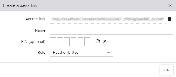 Dialog for creating a share link to allow access of the view without login