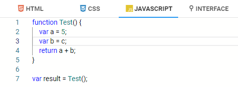 JavaScript CodeEditor with simple bug by assigning an undefined variable 'c'.
